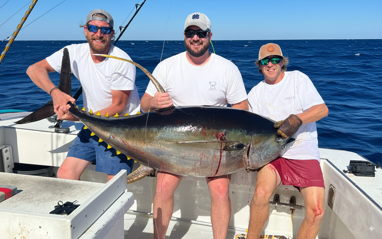 three-dudes-one-fish Three people on a boat smiling and holding a large tuna fish they caught, with fishing rods in the background and the blue ocean stretching out behind them under a clear sky.